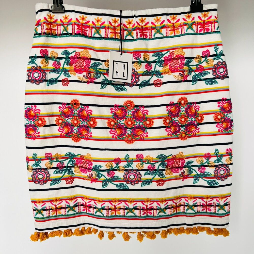 Anthropologie THML Embroidered Skirt Floral Boho Tassel Hem Multicolor White NWT